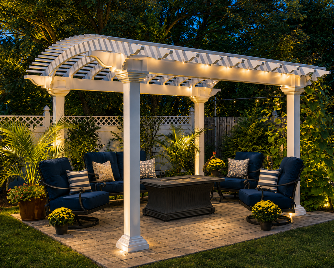 Illuminated pergola and landscaped outdoor seating area
